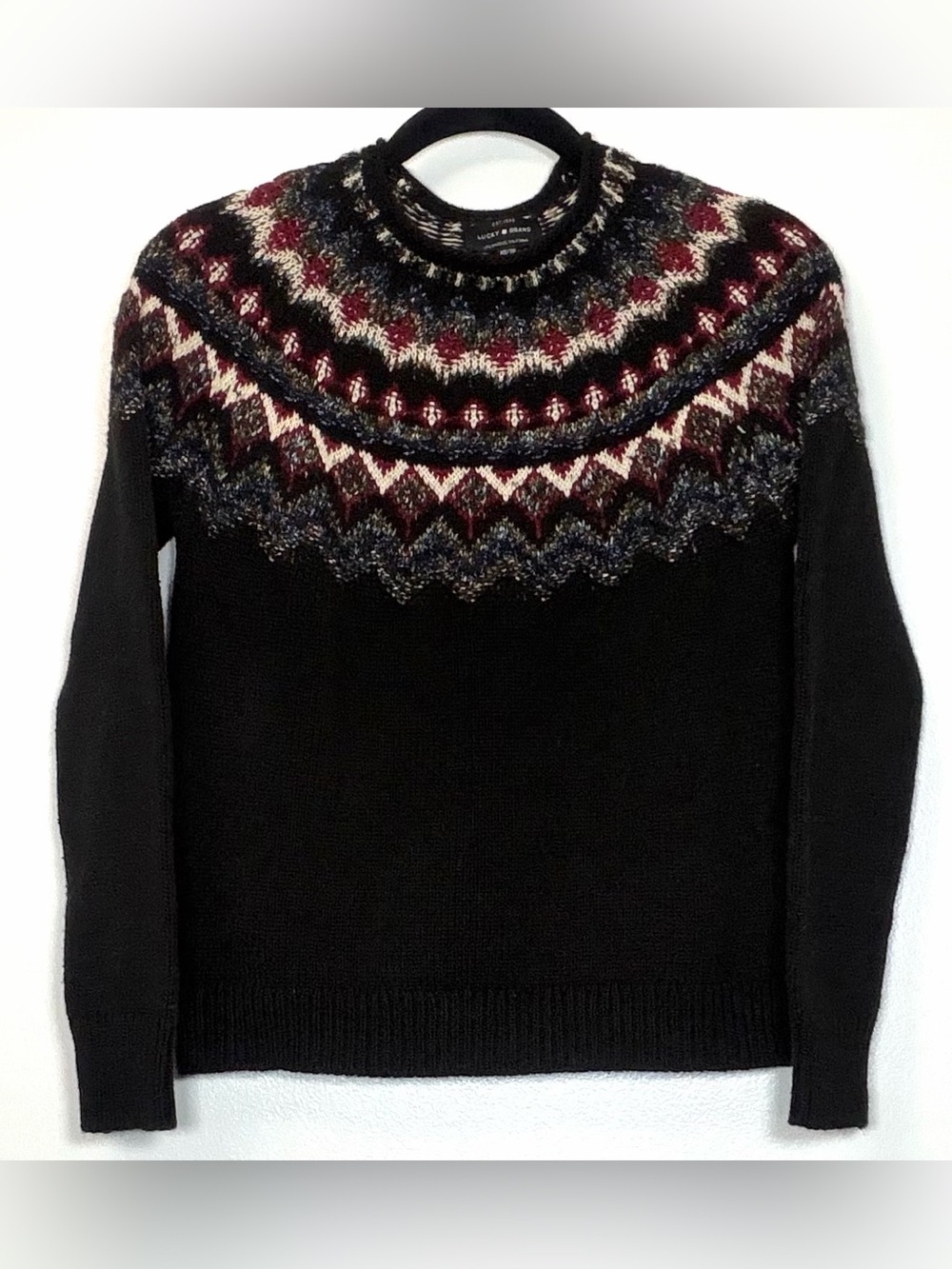 Lucky Brand Black Crewneck Sweater with Multicolor Fair Isle Yoke